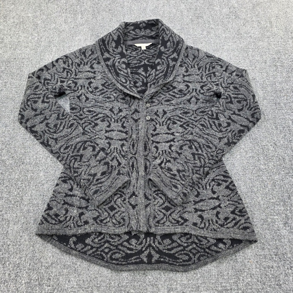 Royal Robbins Women's XS Gray Black Jacquard Shawl Collar Cardigan Sweater Wool